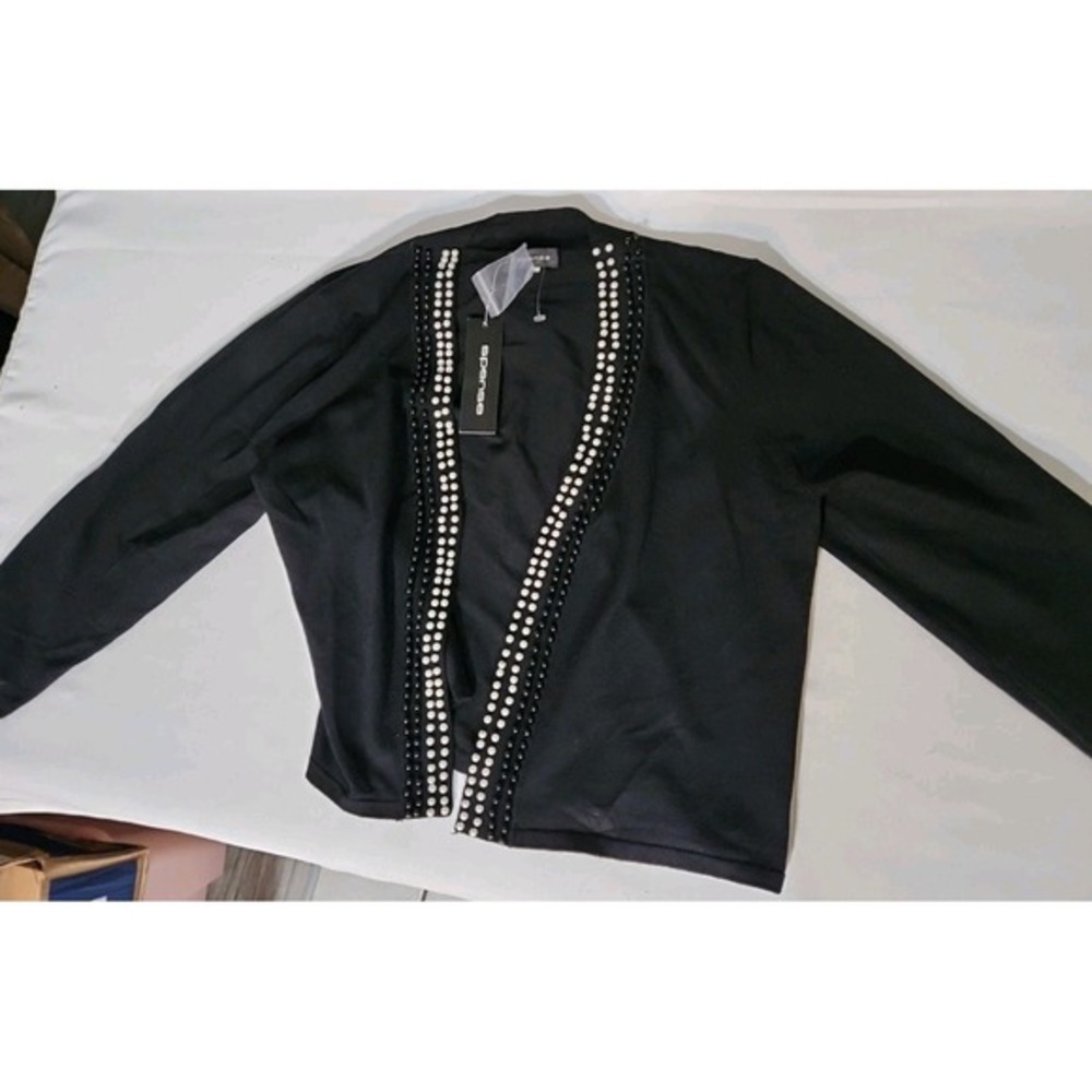 Spense Women's  Pearl Lined Open Front Cardigan Long Sleeve Black Size XL‎